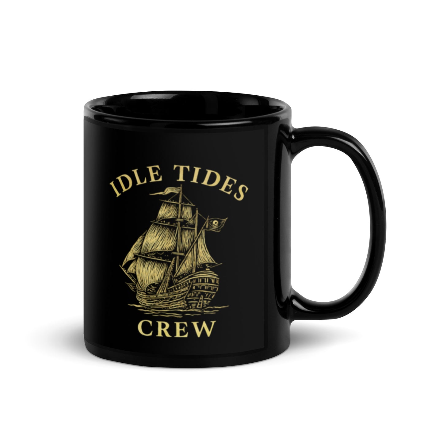 black gloss ceramic drinkware with ship crest and crew mark.