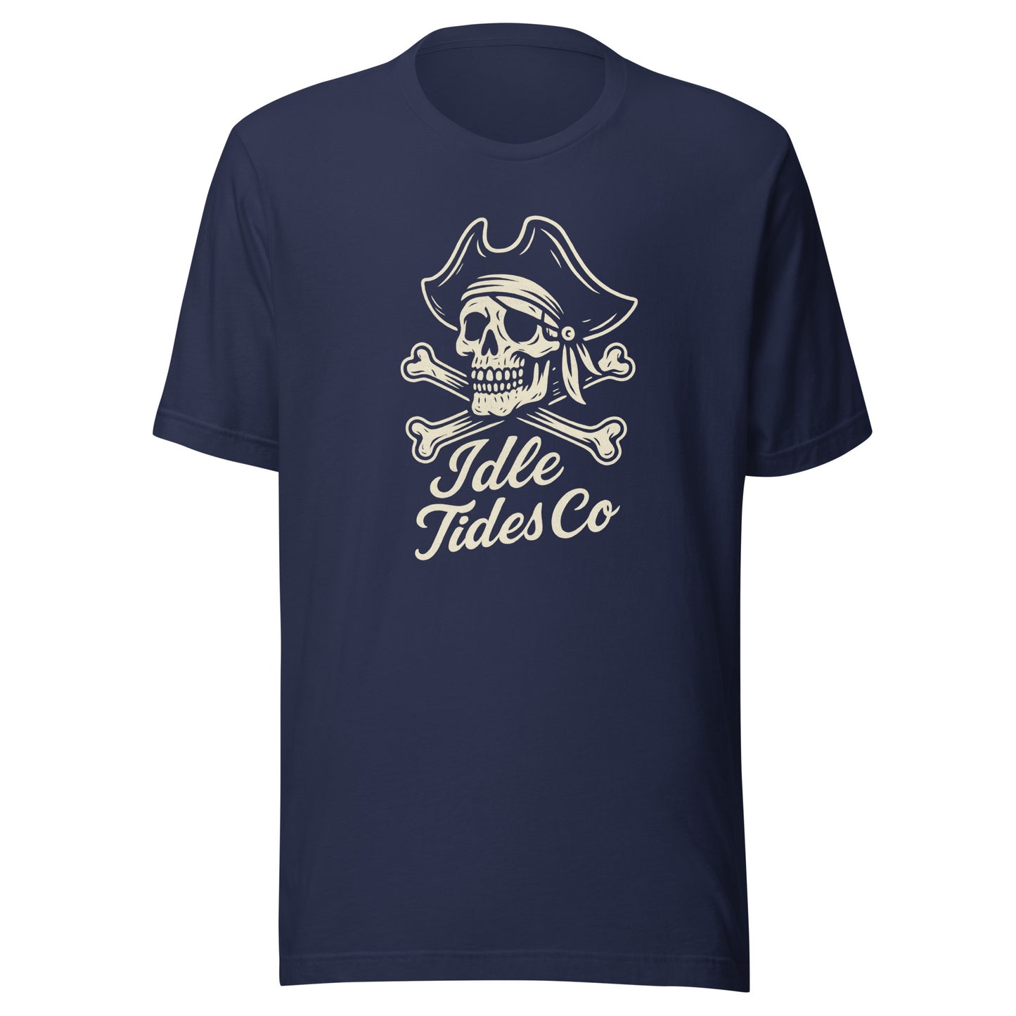Blue cotton shirt with cream pirate crest and script