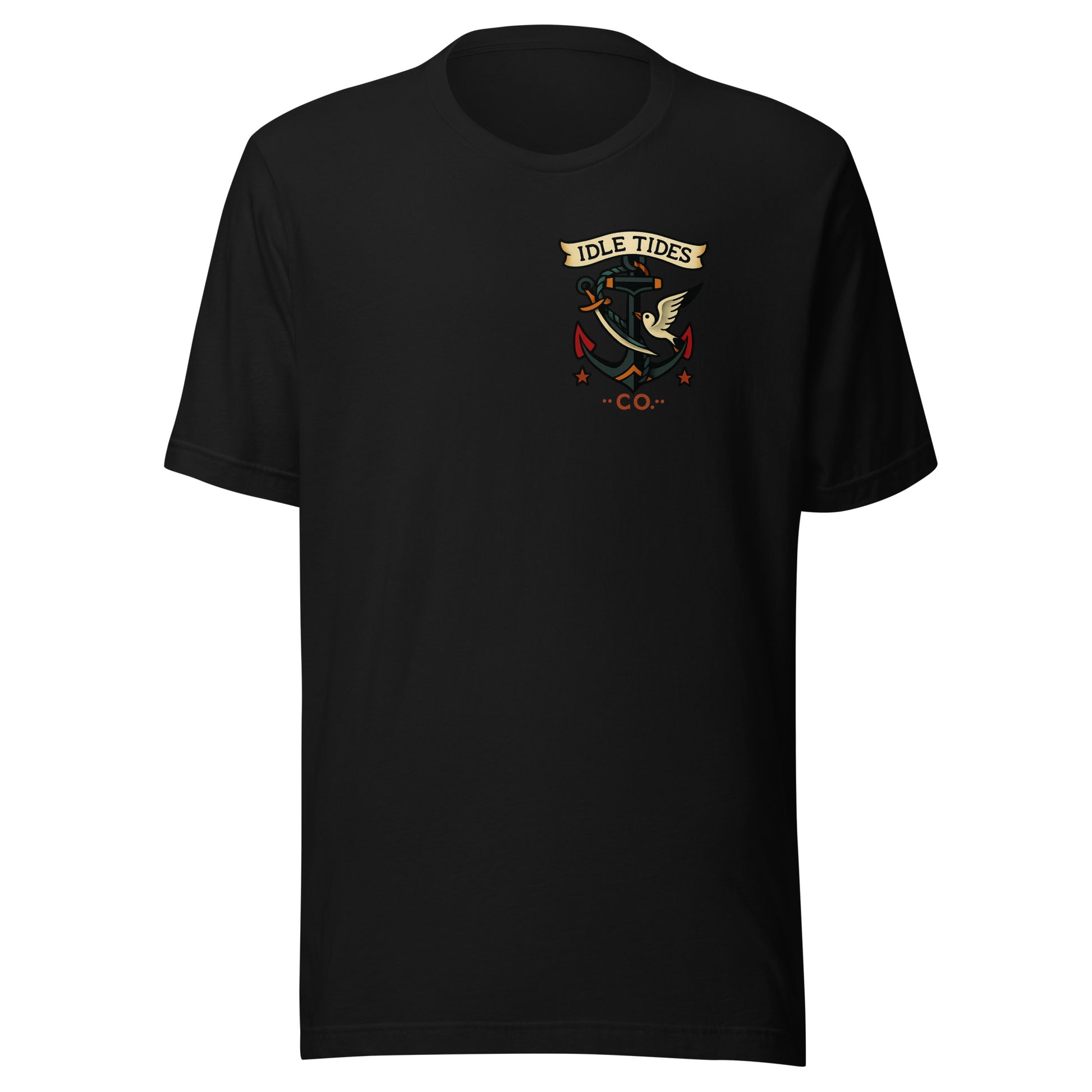 Black tee with Idle Tides ship graphic on back and crest badge on front