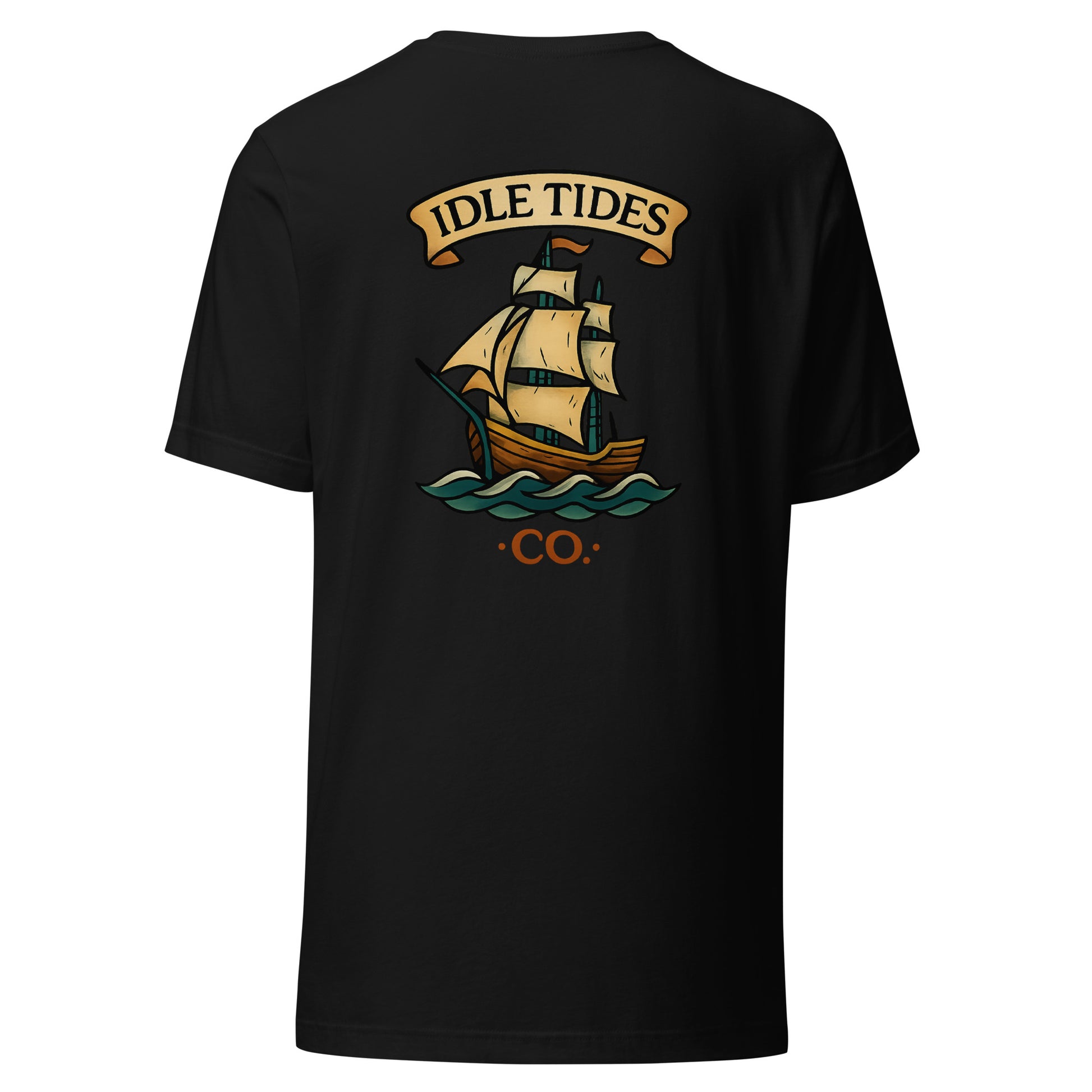 Black tee with Idle Tides ship graphic on back and crest badge on front