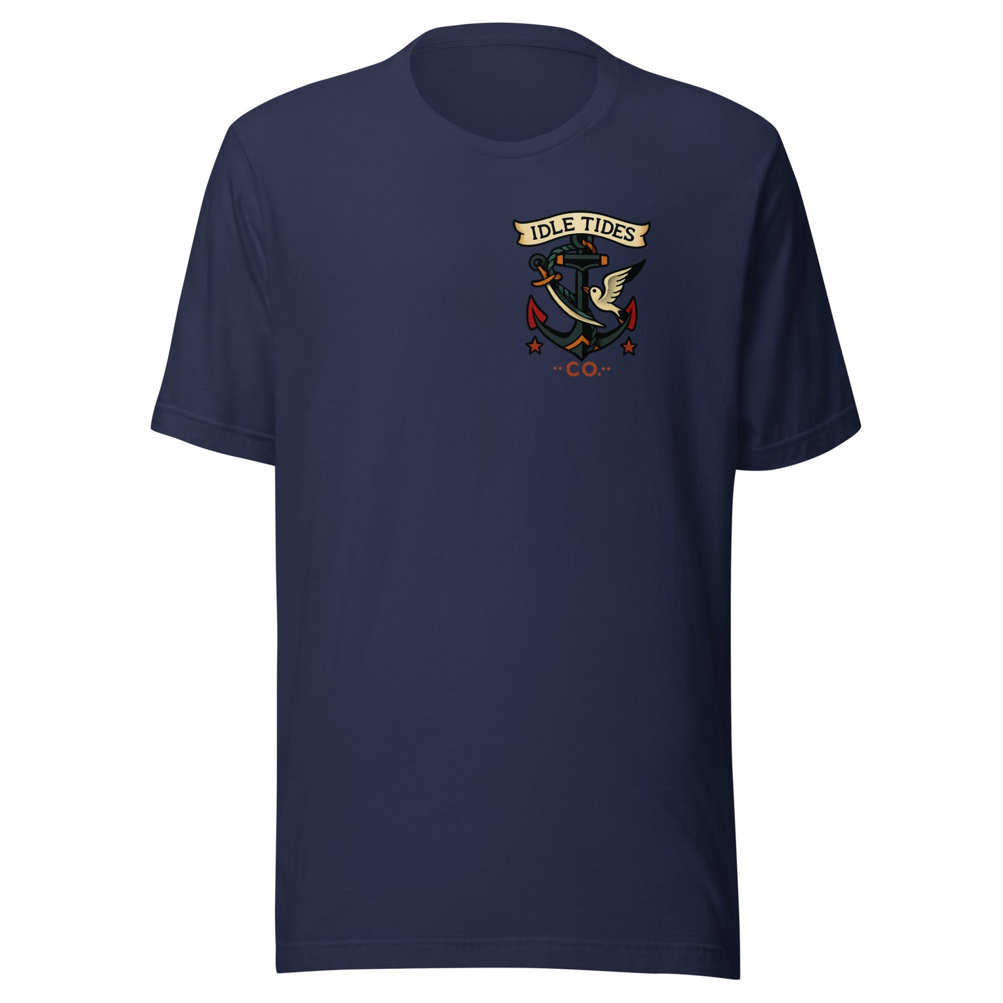 Navy blue tee with Idle Tides ship graphic on back and crest badge on front	