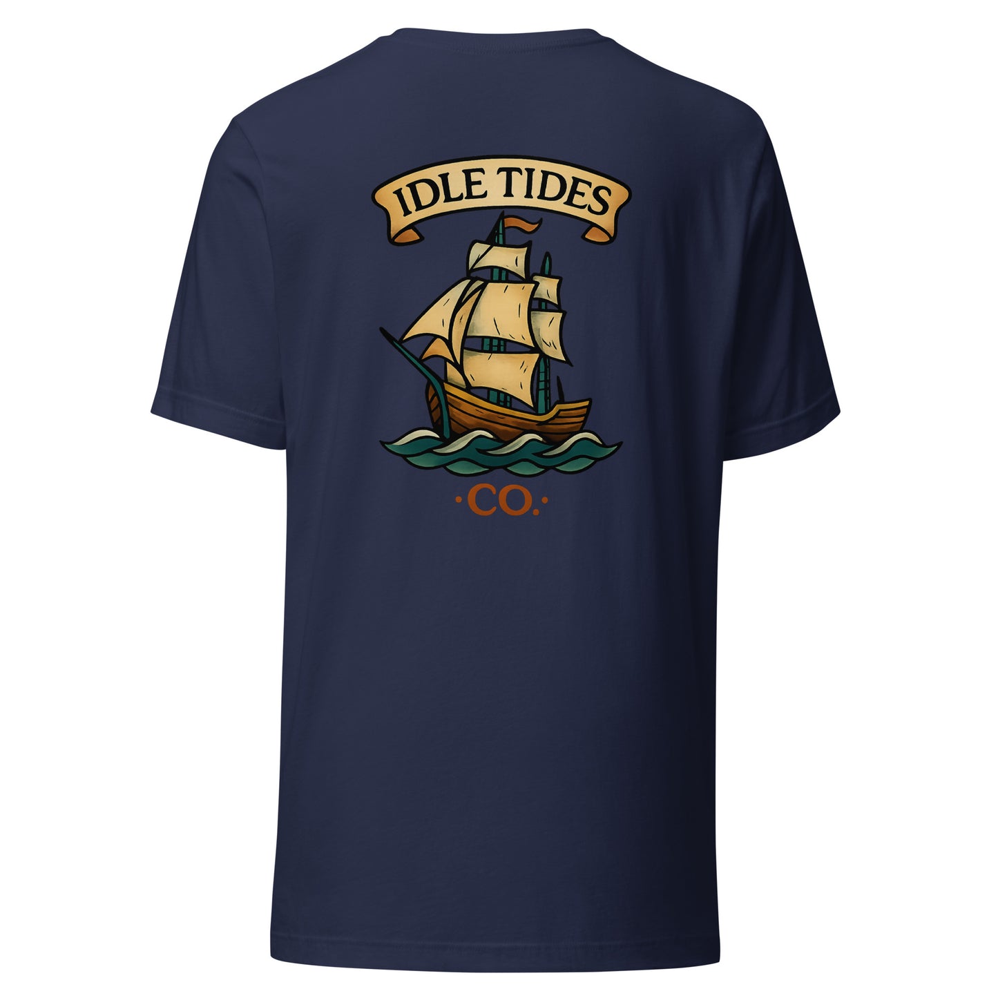 Navy blue tee with Idle Tides ship graphic on back and crest badge on front