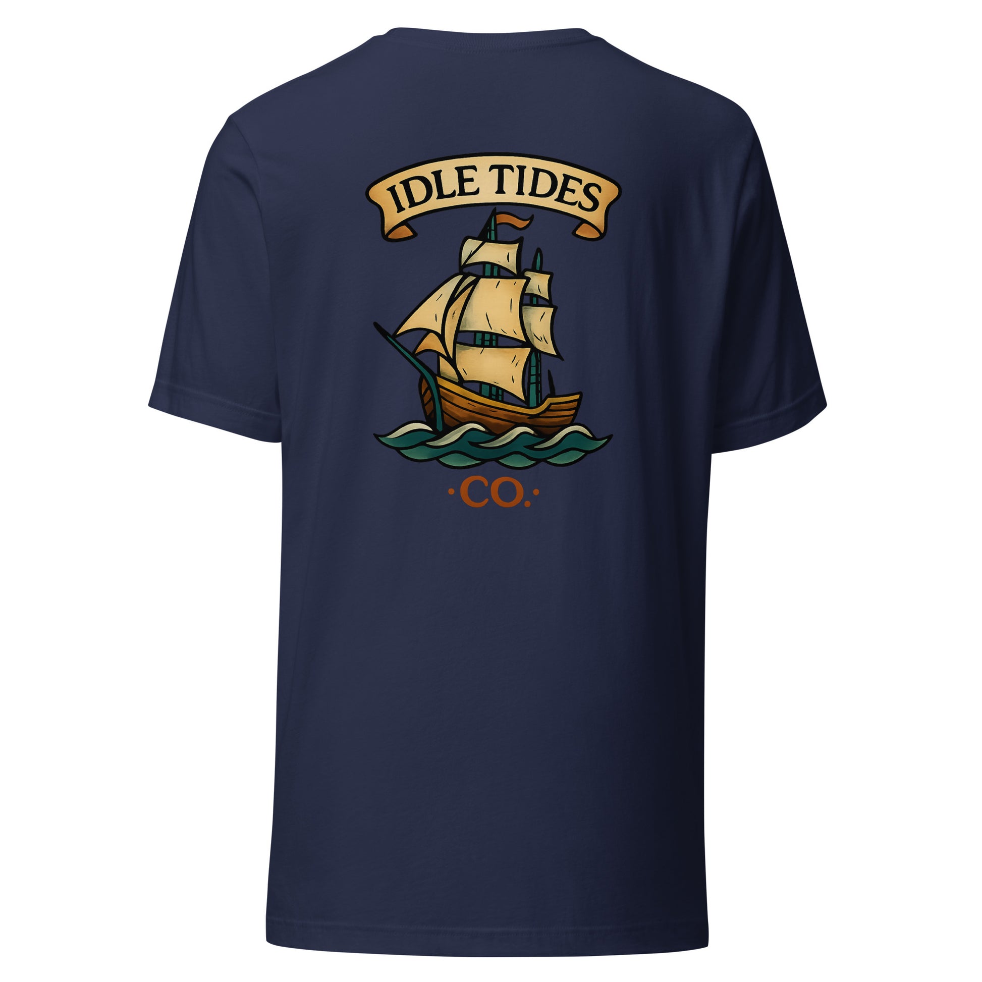 Navy blue tee with Idle Tides ship graphic on back and crest badge on front