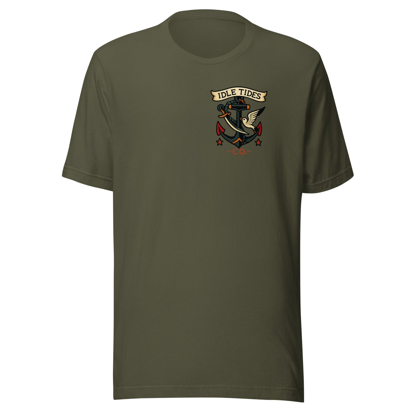 Olive green tee with Idle Tides ship graphic on back and crest badge on front