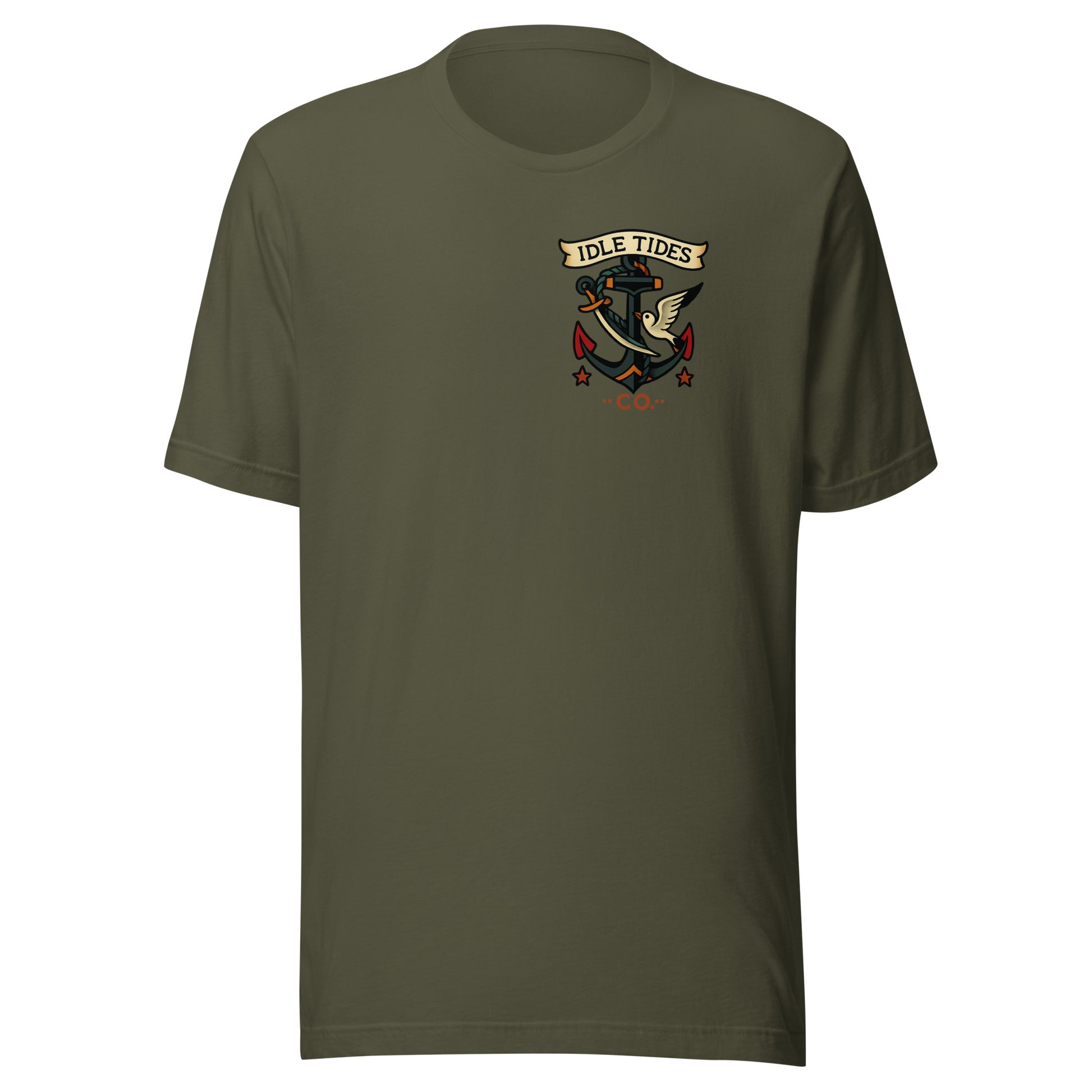 Olive green tee with Idle Tides ship graphic on back and crest badge on front