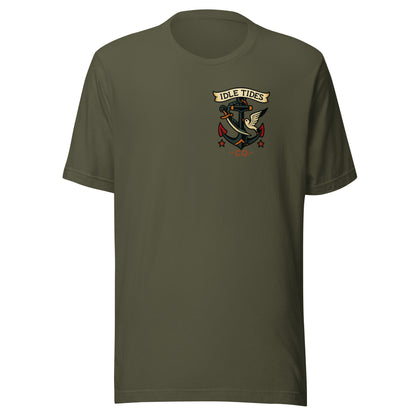 Olive green tee with Idle Tides ship graphic on back and crest badge on front