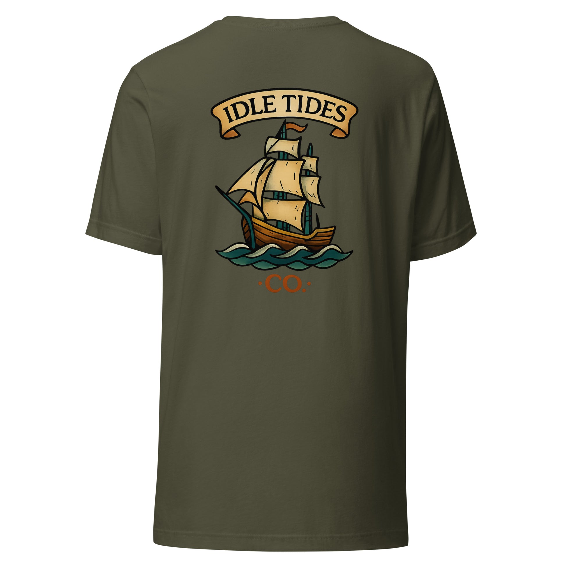 Olive green tee with Idle Tides ship graphic on back and crest badge on front