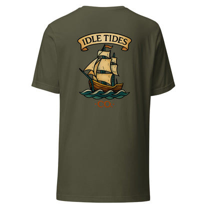Olive green tee with Idle Tides ship graphic on back and crest badge on front