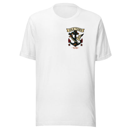 White tee with Idle Tides ship graphic on back and crest badge on front
