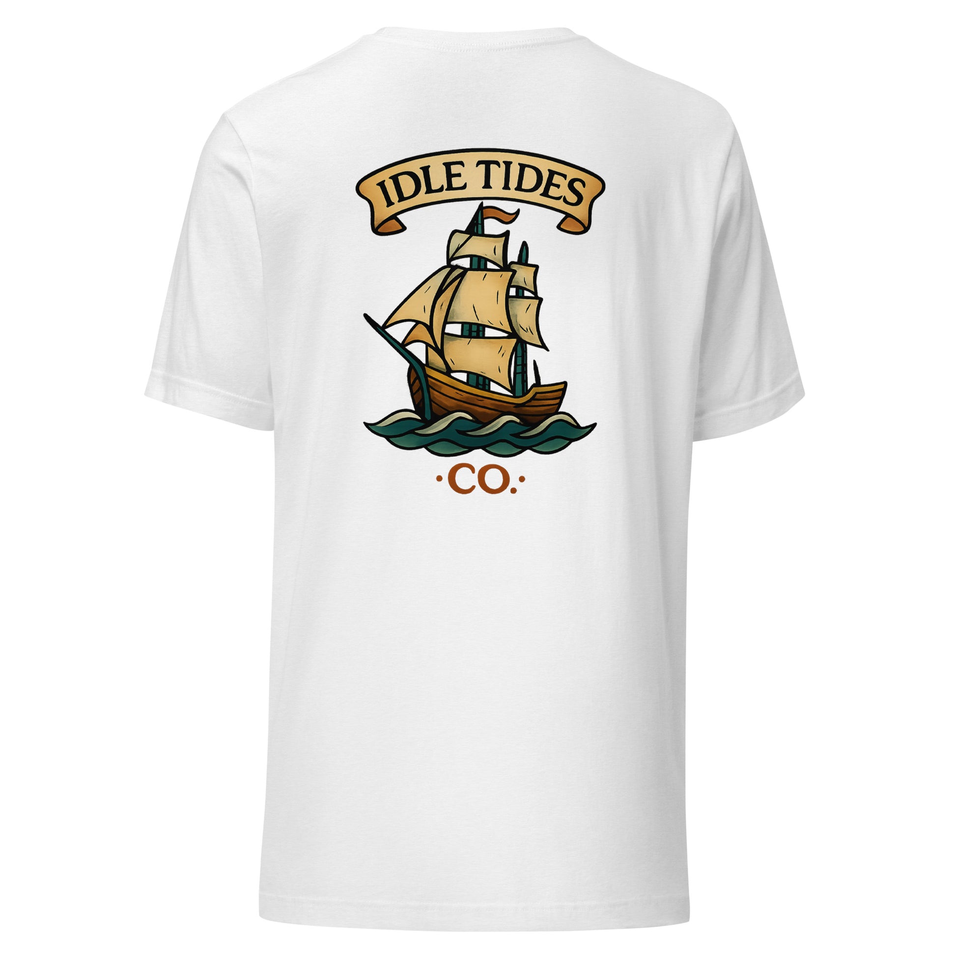 White tee with Idle Tides ship graphic on back and crest badge on front