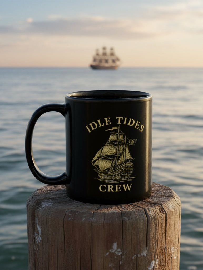Idle Tides Crew black gloss ceramic mug featuring vintage sailing ship illustration and ‘IDLE TIDES CREW’ text in white serif font; sturdy handle and reflective finish.