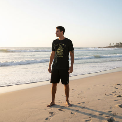 Idle Tides Co Legendary Pirate Frigate crewneck tee in black featuring detailed sailing ship illustration with full masts and rigging; relaxed fit, nautical heritage design.