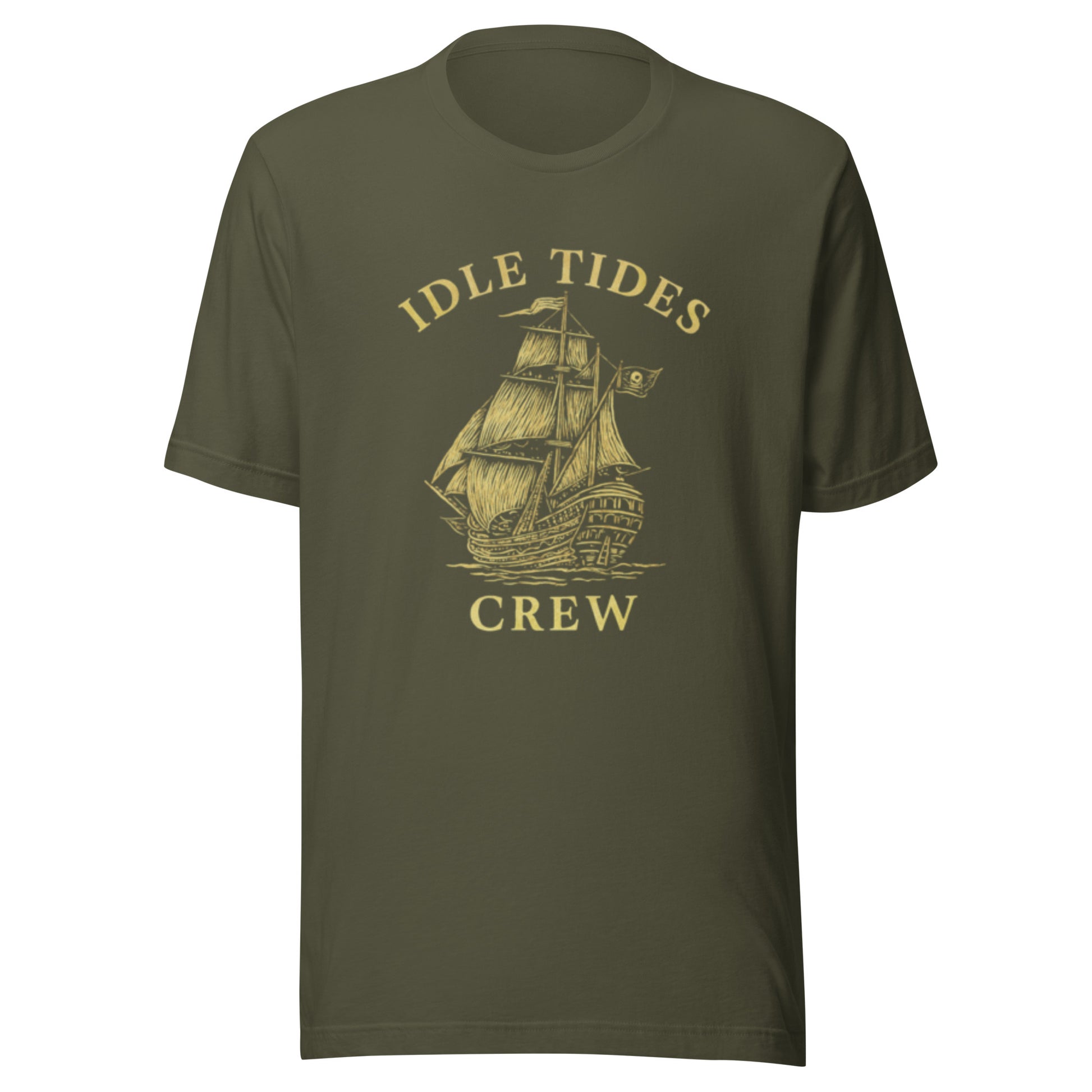 Green cotton shirt with ship mark and bold crew lettering.