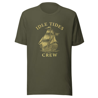 Green cotton shirt with ship mark and bold crew lettering.