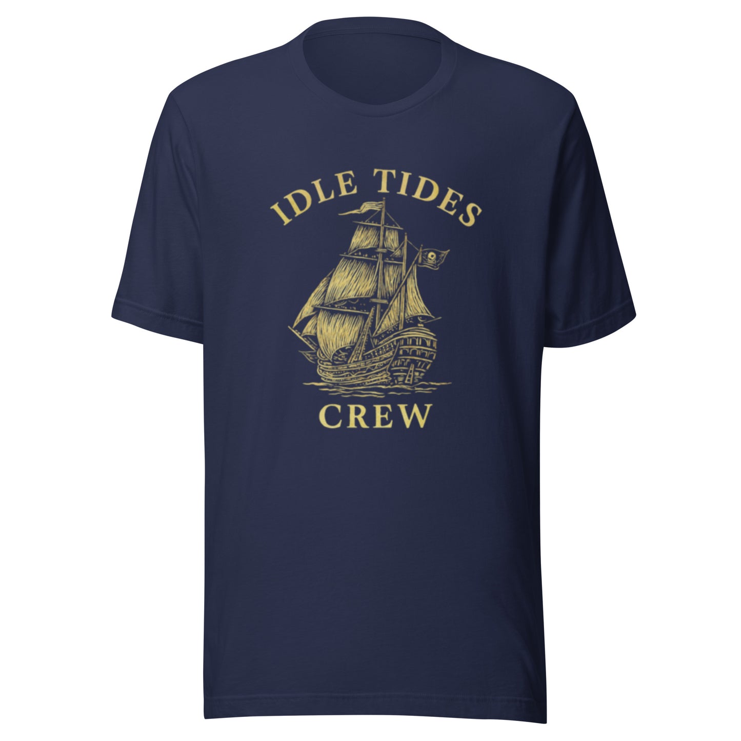 Navy cotton shirt with ship mark and bold crew lettering.