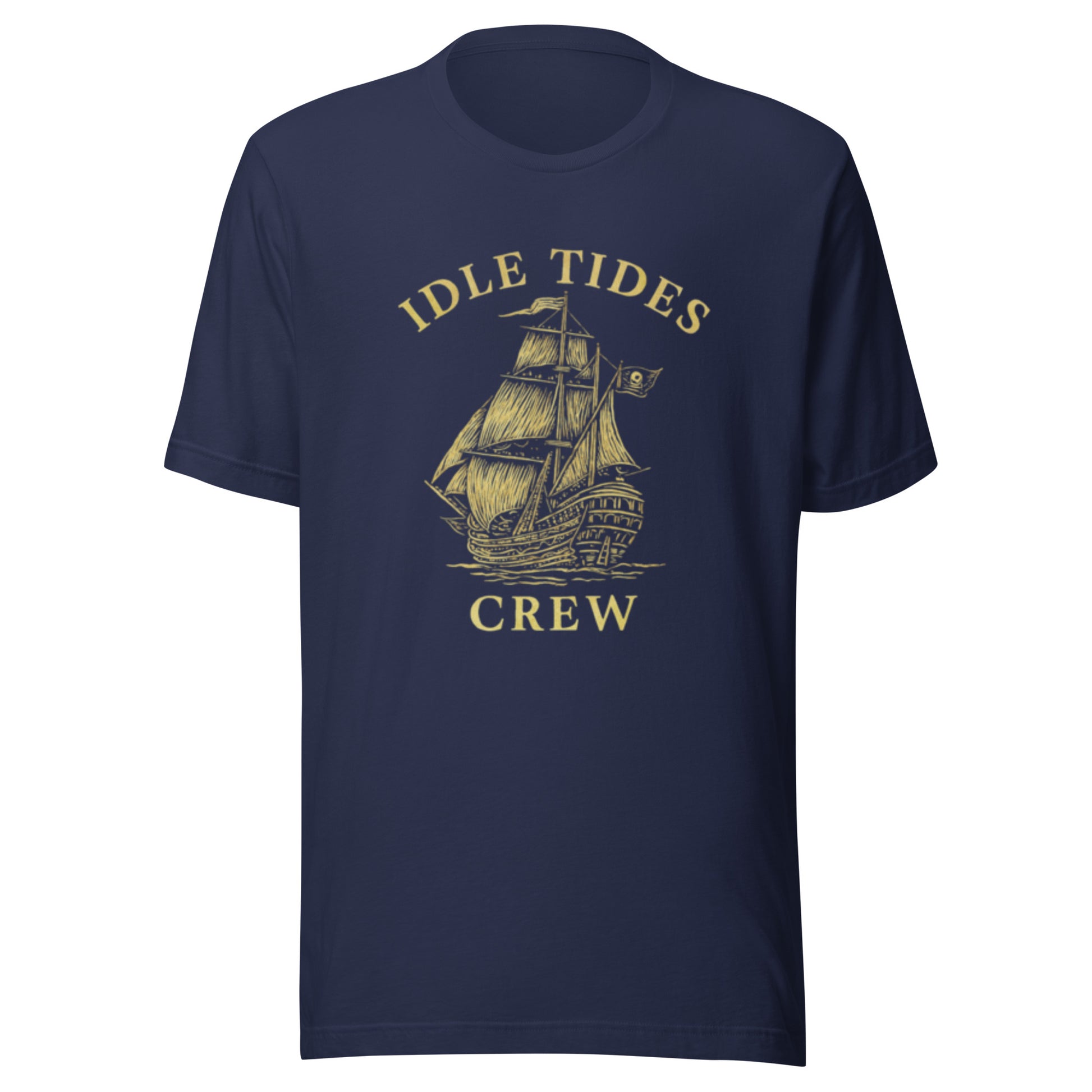Navy cotton shirt with ship mark and bold crew lettering.
