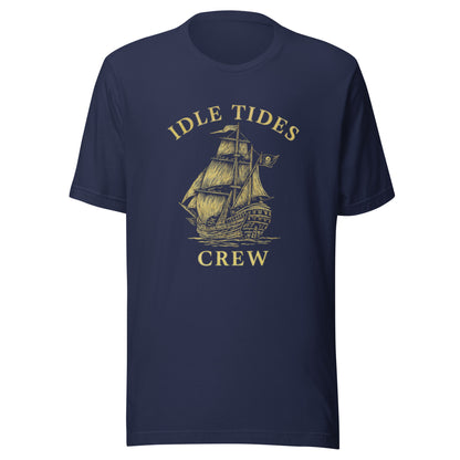 Navy cotton shirt with ship mark and bold crew lettering.