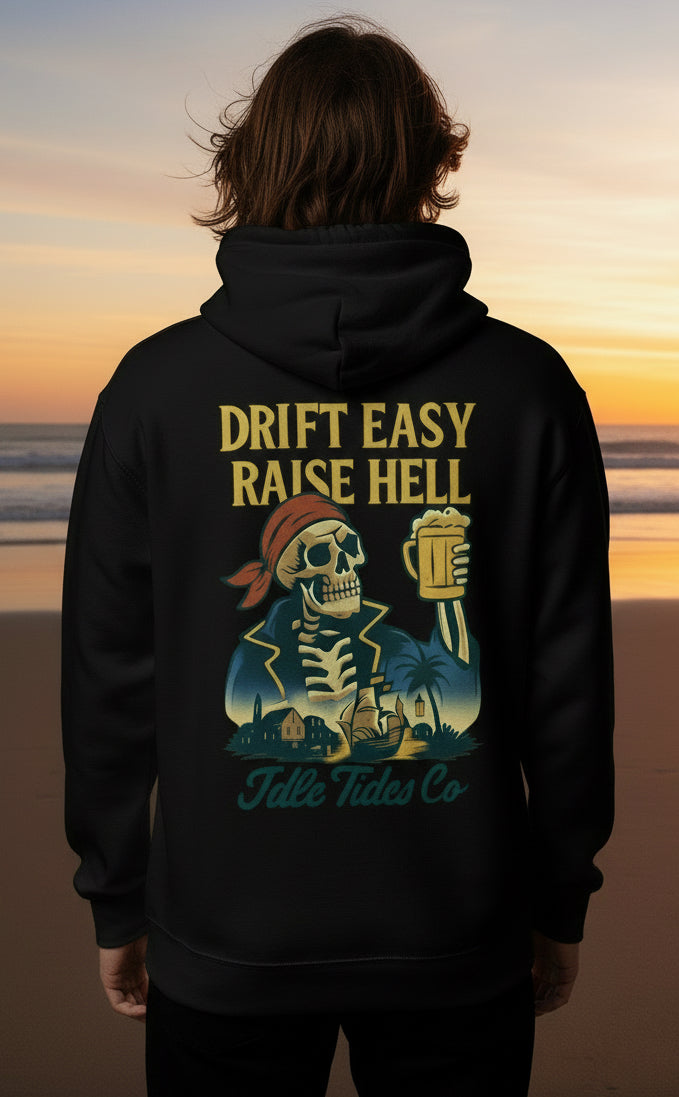 Idle Tides Co Drift Easy hoodie in black with relaxed fit, drawstring hood, and nautical-inspired design; soft cotton blend fabric with ribbed cuffs and hem