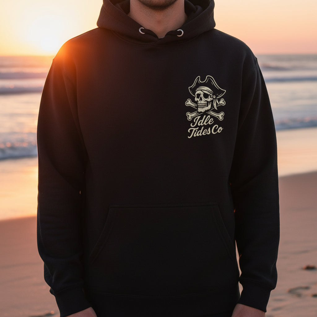 Idle Tides Co Drift Easy hoodie in black with relaxed fit, drawstring hood, and nautical-inspired design; soft cotton blend fabric with ribbed cuffs and hem