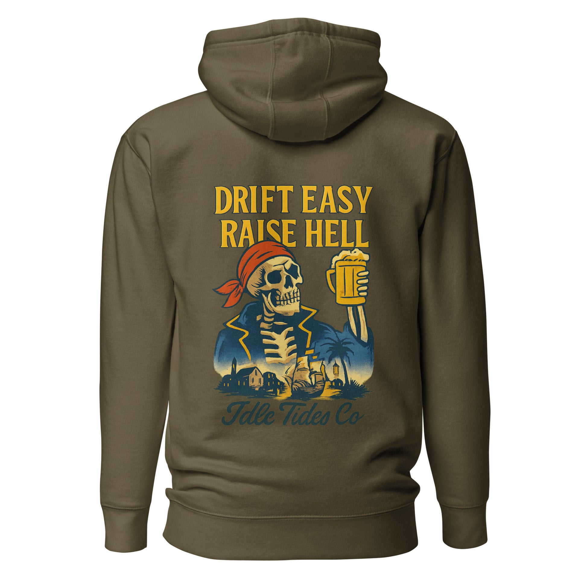 Idle Tides Co Drift Easy hoodie in green with relaxed fit, drawstring hood, and nautical-inspired design; soft cotton blend fabric with ribbed cuffs and hem
