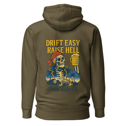 Idle Tides Co Drift Easy hoodie in green with relaxed fit, drawstring hood, and nautical-inspired design; soft cotton blend fabric with ribbed cuffs and hem