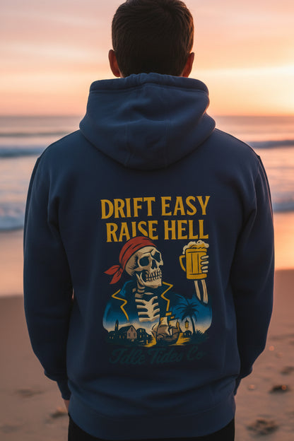 Idle Tides Co Drift Easy hoodie in blue with relaxed fit, drawstring hood, and nautical-inspired design; soft cotton blend fabric with ribbed cuffs and hem