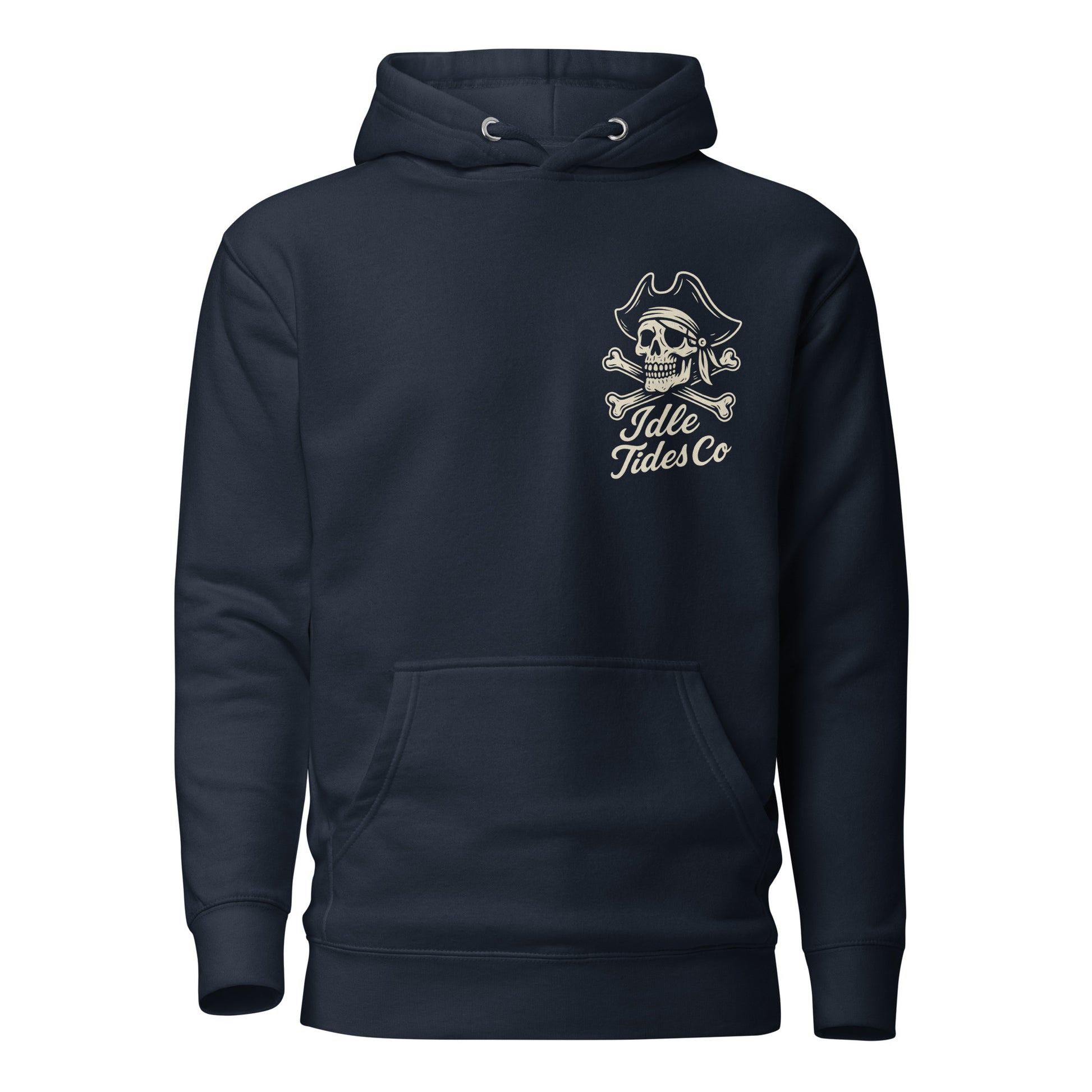 Idle Tides Co Drift Easy hoodie in blue with relaxed fit, drawstring hood, and nautical-inspired design; soft cotton blend fabric with ribbed cuffs and hem