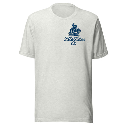 Idle Tides Co ‘Drop Anchor, Stay Awhile’ crewneck tee in ash with nautical text graphic across chest, relaxed fit, and dockside lifestyle design.