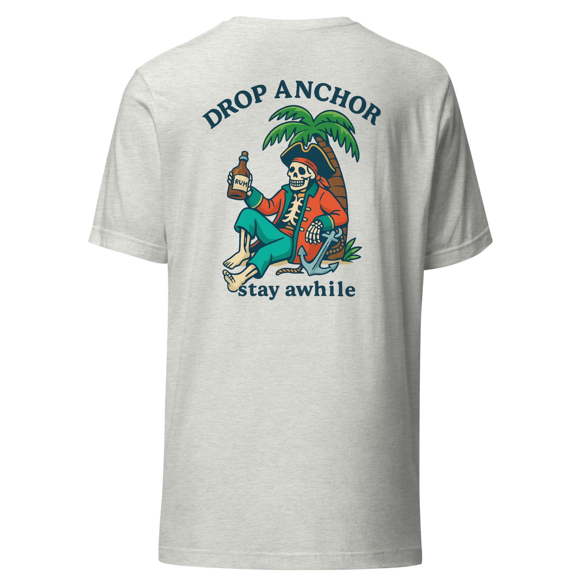 Idle Tides Co ‘Drop Anchor, Stay Awhile’ crewneck tee in ash with nautical text graphic across chest, relaxed fit, and dockside lifestyle design.