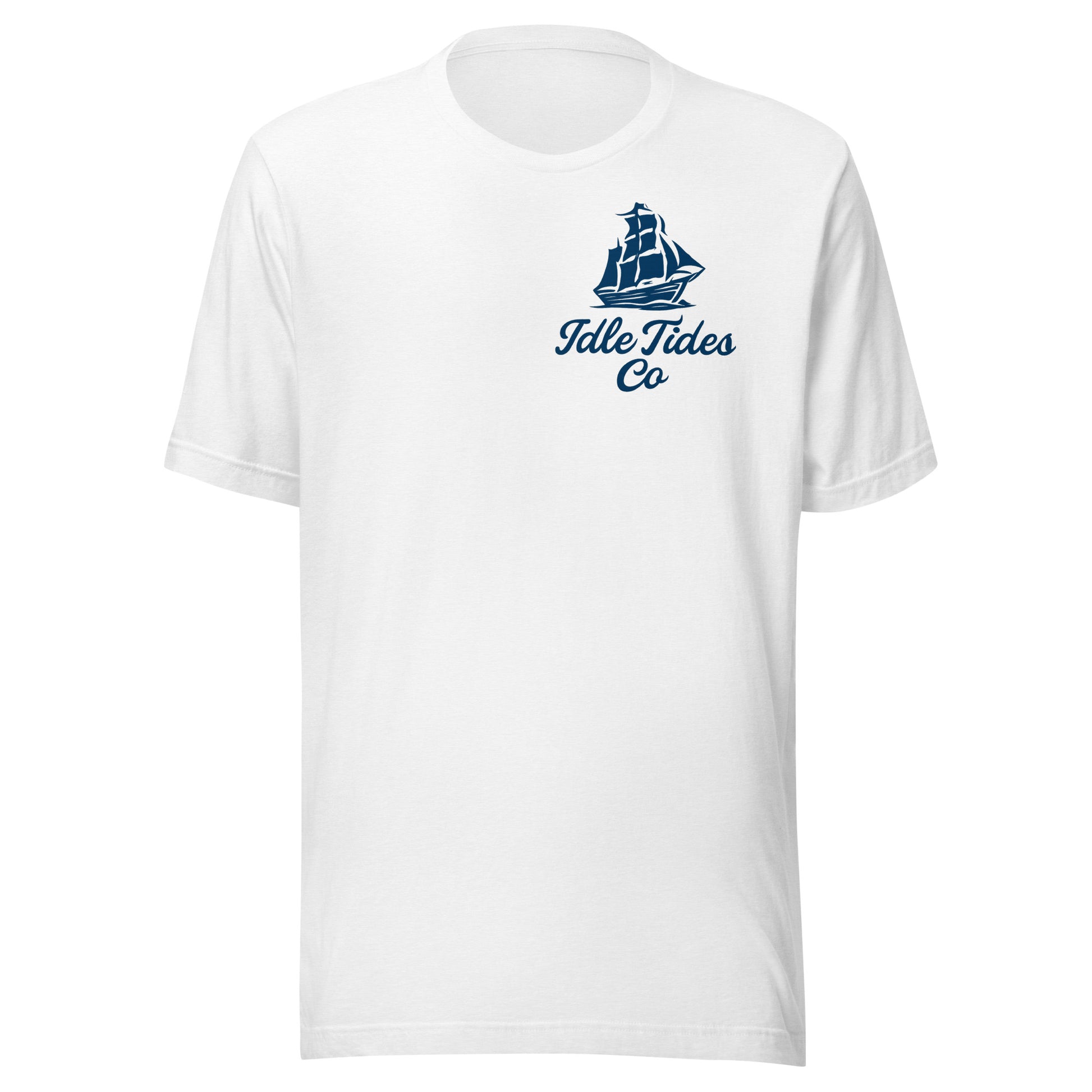 Idle Tides Co ‘Drop Anchor, Stay Awhile’ crewneck tee in white with nautical text graphic across chest, relaxed fit, and dockside lifestyle design.
