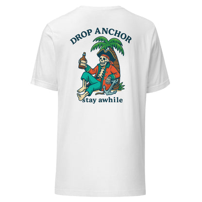 Idle Tides Co ‘Drop Anchor, Stay Awhile’ crewneck tee in  white with nautical text graphic across chest, relaxed fit, and dockside lifestyle design.