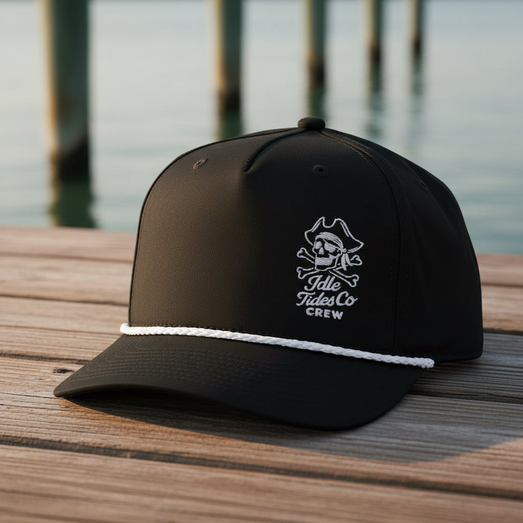 Idle Tides Crew Rope Cap in matte black with white embroidered skull crest, crossed bones, and ‘Idle Tides Co CREW’ text; features white braided rope detail across brim.