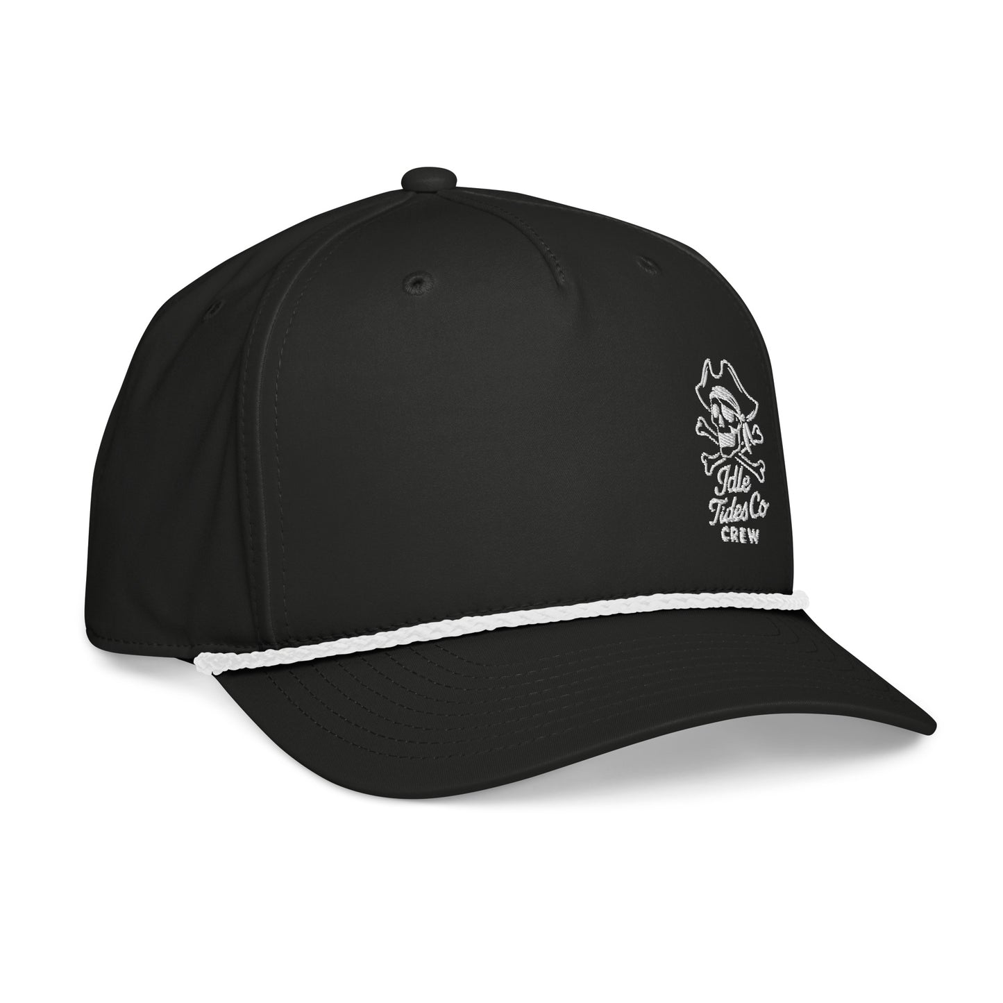 Black rope cap with embroidered skull crest and braided rope detail across brim, nautical crew hat.