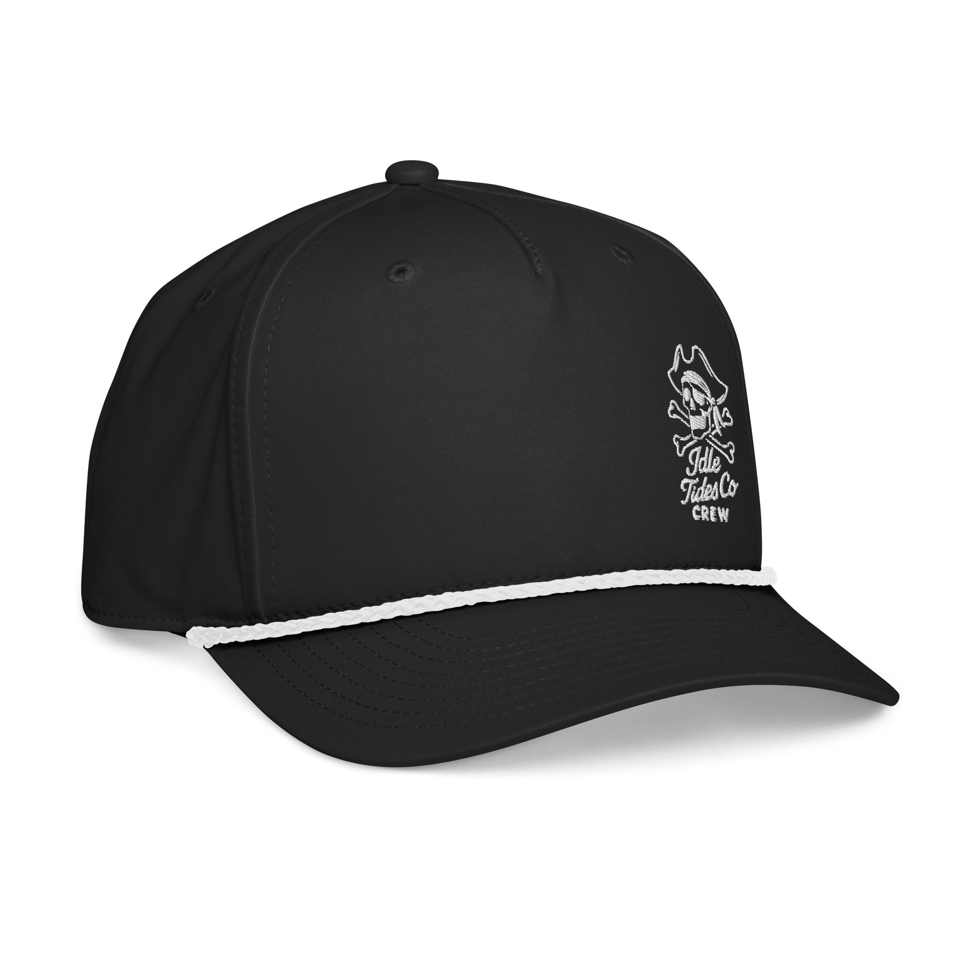 Black rope cap with embroidered skull crest and braided rope detail across brim, nautical crew hat.