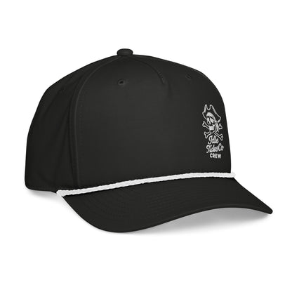 Black rope cap with embroidered skull crest and braided rope detail across brim, nautical crew hat.