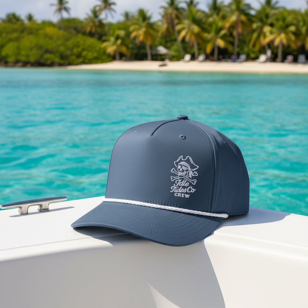 Idle Tides Crew Rope Cap in storm navy with white embroidered pirate skull and bones, ‘Idle Tides Co CREW’ text, and white rope accent across brim