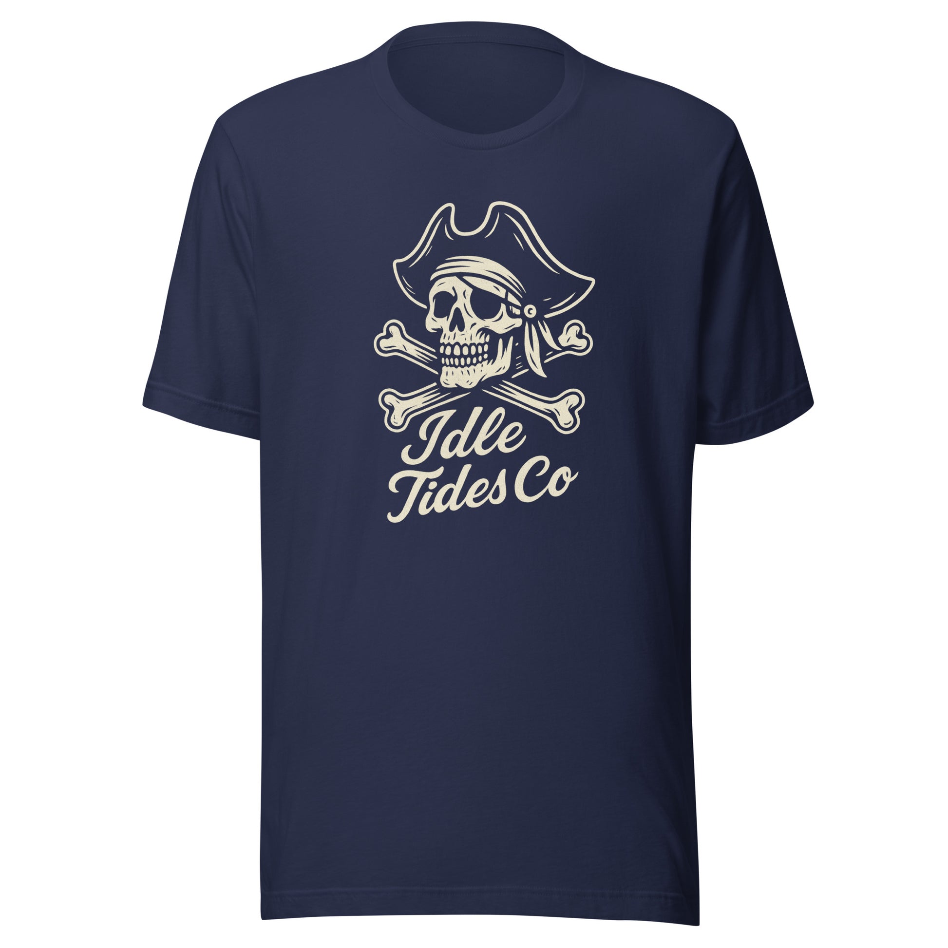 Blue cotton shirt with cream pirate crest and script