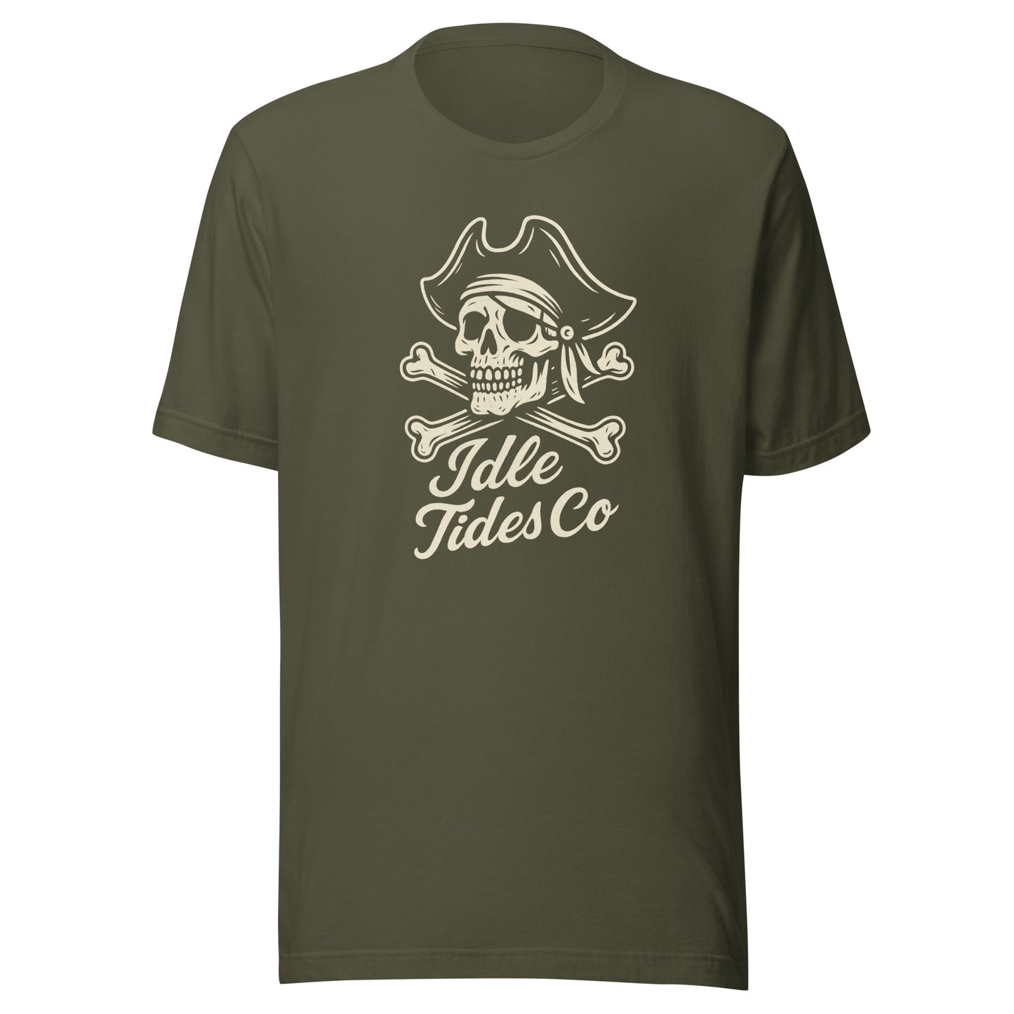 Green cotton shirt with cream pirate crest and script