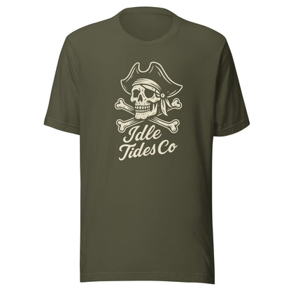 Green cotton shirt with cream pirate crest and script